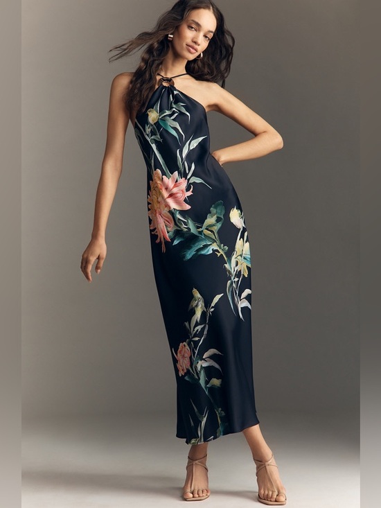 Anthropologie Dresses & Skirts - Anthropologie Halter Slip Midi Dress Navy Floral Bird Print XS